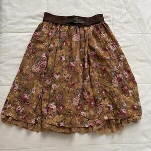 Axes Femme Orange Brown pink floral skirt lace trim and faux leather belt buckle